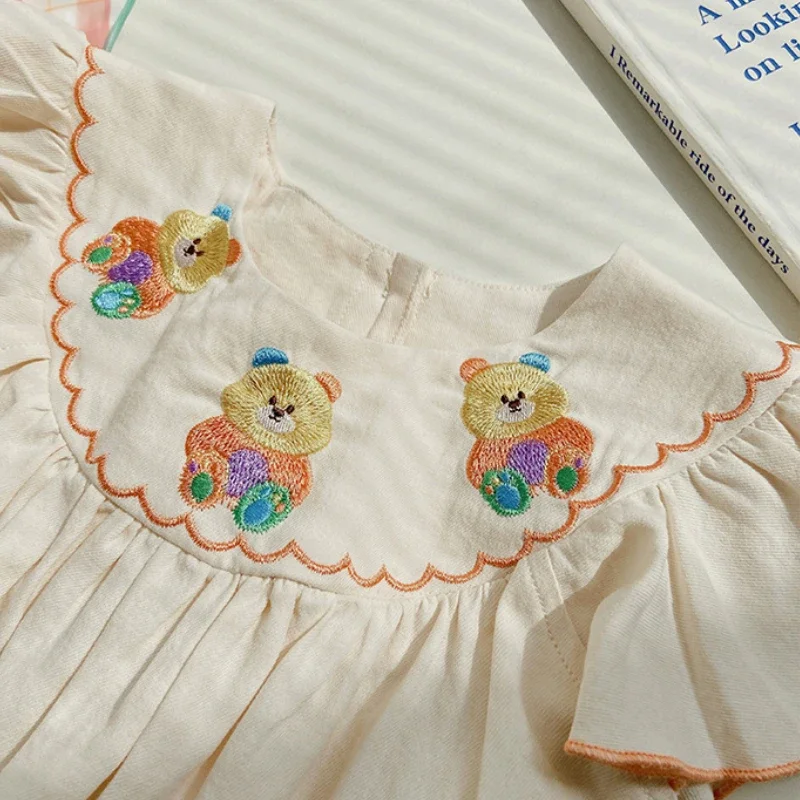 Корейската детски дрехи, лятна рокля с бродерия в формата на рейнбоу мечка за момичета, памучен панталон-trapeze в контрастен цвят с цветове, с дълъг ръкав за момичета
