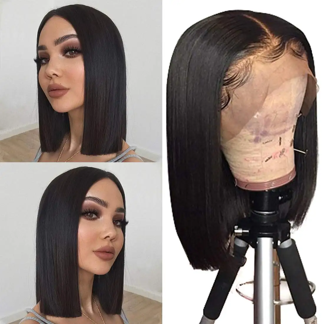 Кратък права перука от човешки косъм с дантела отпред 13 × 4 HD Перука с дантела отпред от бразилския човешка коса 180% плътност 22 инча
