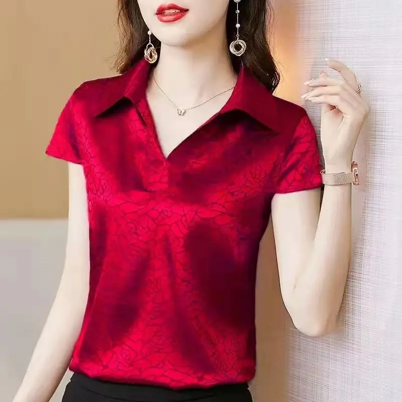 Летни шикозни блузи с цветен модел и къс ръкав за жени на популярната корейска дрехи, обикновена върхове, Свободни ежедневни ризи, Дамски пуловери
