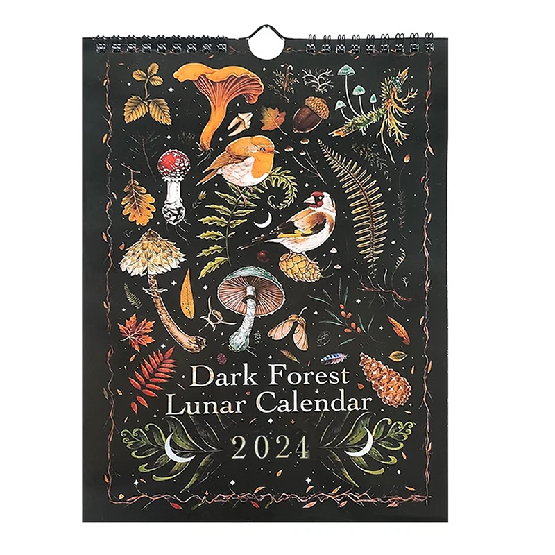 Лунен календар Тъмни гори 2024 с размери 12 Х 8 инча Съдържа 12 оригинални илюстрации, изготвени през годината, на 12 месечни цветни