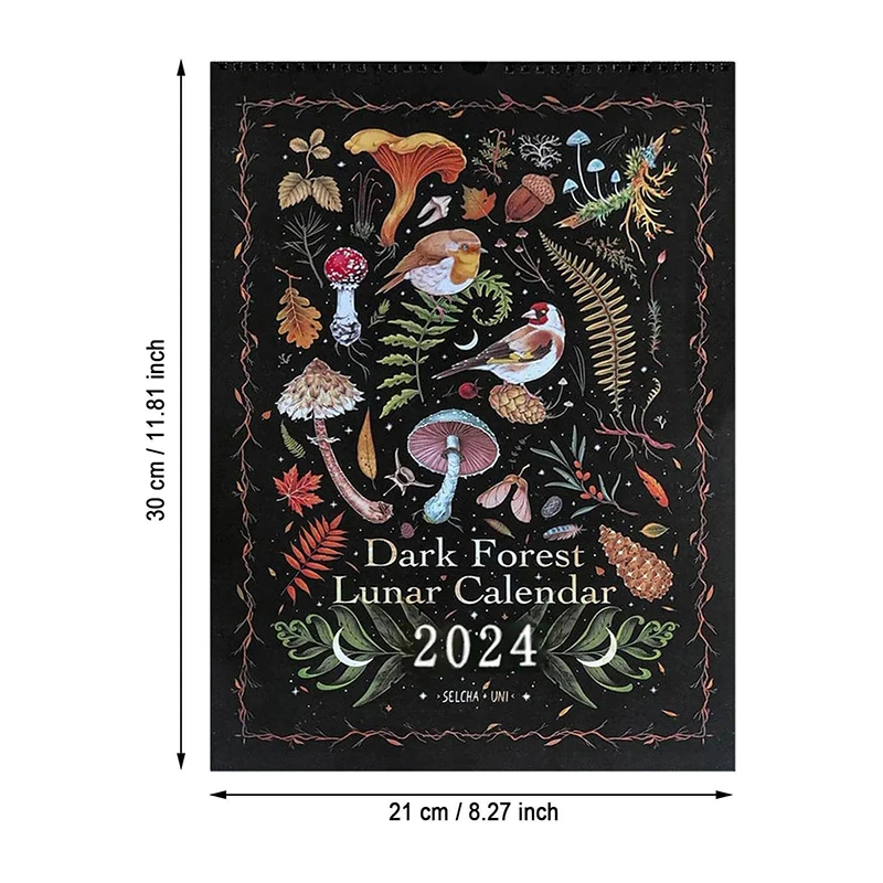 Лунен календар Тъмни гори 2024 с размери 12 Х 8 инча Съдържа 12 оригинални илюстрации, изготвени през годината, на 12 месечни цветни