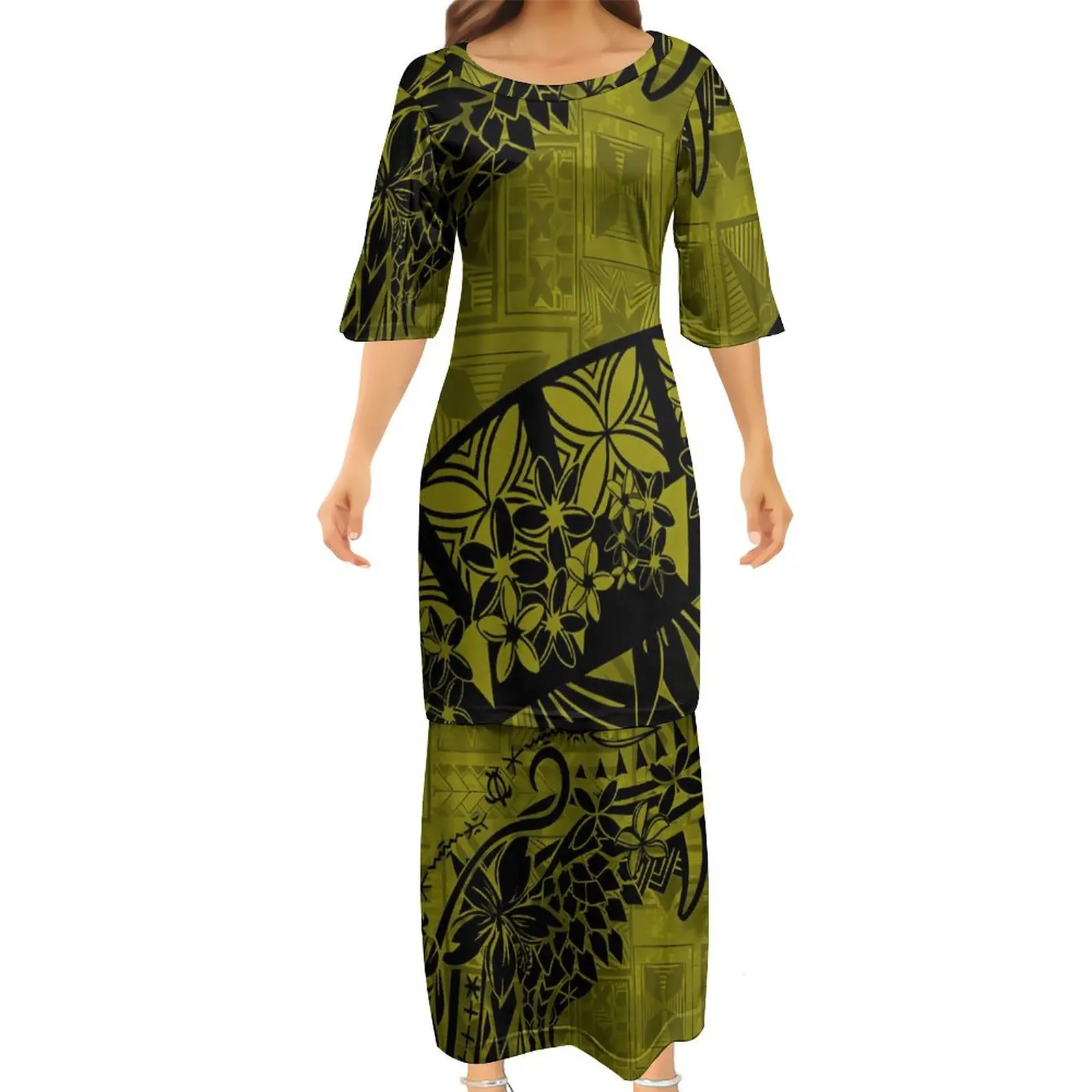 Лятото женствена рокля Пулетаси в полинезийски самоанском стил, персонализирано рокля с кръгло деколте и къс ръкав, Безплатна доставка