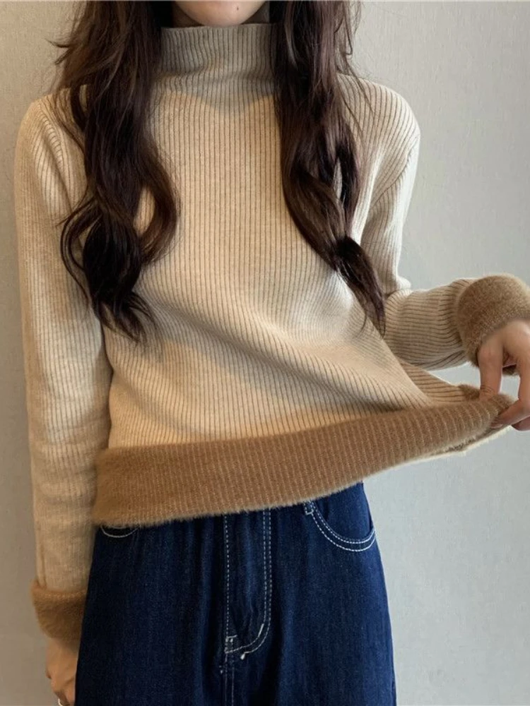 Модни дамски пуловери 2023, Есенно-зимни дебели плюшени потници, Дамски пуловер с дълги ръкави и полувысоким яка, женски жилетка