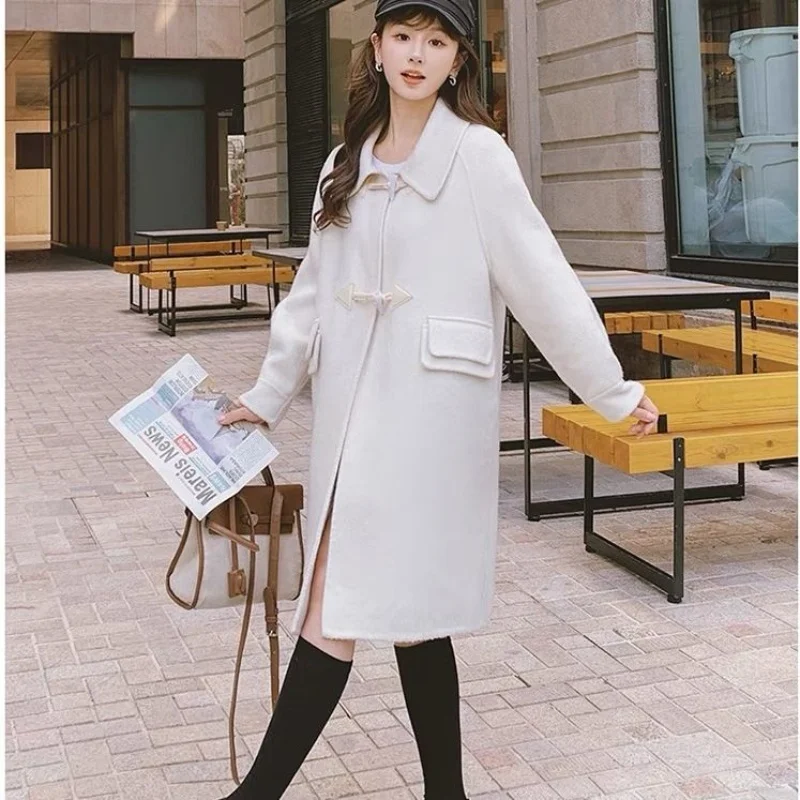 Модно двустранно кашемировое палто в корейски стил, дамско палто със средна дължина, с роговыми бутони, есенно-зимния утолщенное палто, луксозно