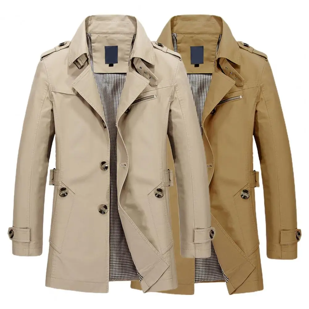 Мъжки однотонное палта, стилни мъжки тренч с ревери, однобортный дизайн, якето е със средна дължина, ветровка за есен-зима