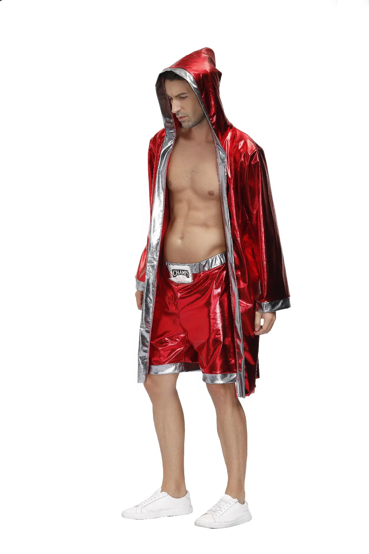 Мъжки червен костюм боксьор, дъждобран с качулка, роба, Съкратен с къси панталони, Дрехи за бокс от филми, Униформи за cosplay на Хелоуин за мъже