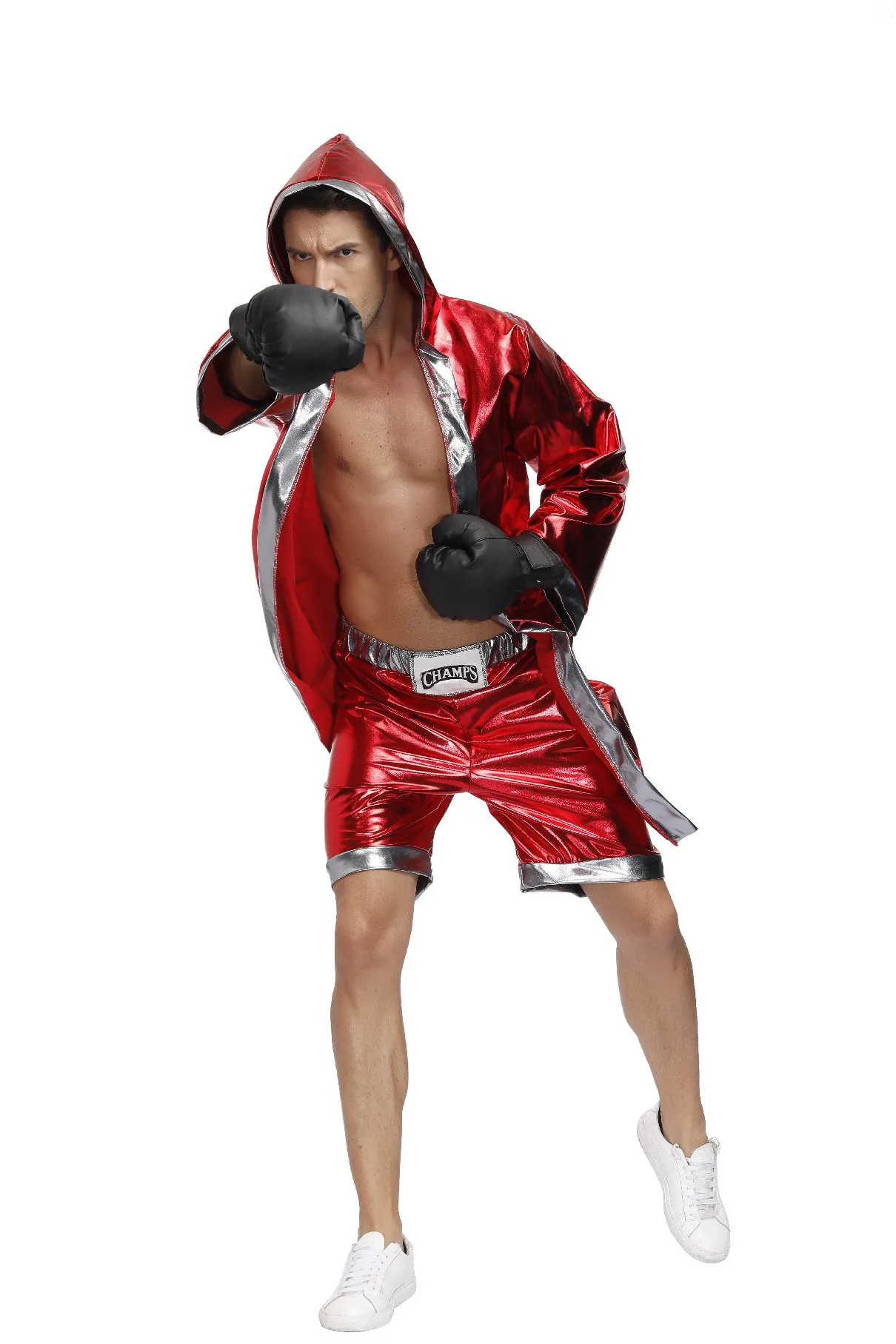 Мъжки червен костюм боксьор, дъждобран с качулка, роба, Съкратен с къси панталони, Дрехи за бокс от филми, Униформи за cosplay на Хелоуин за мъже