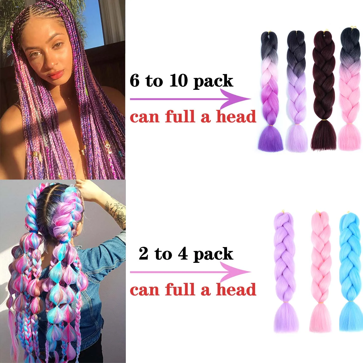 Направи си САМ Синтетични Гигантска опашка за коса 24-инчов удължаване на коса, плетене Омбре Режийни коса за плетене на една кука Кутия за плетене Омбре Розово Лилаво Синьо