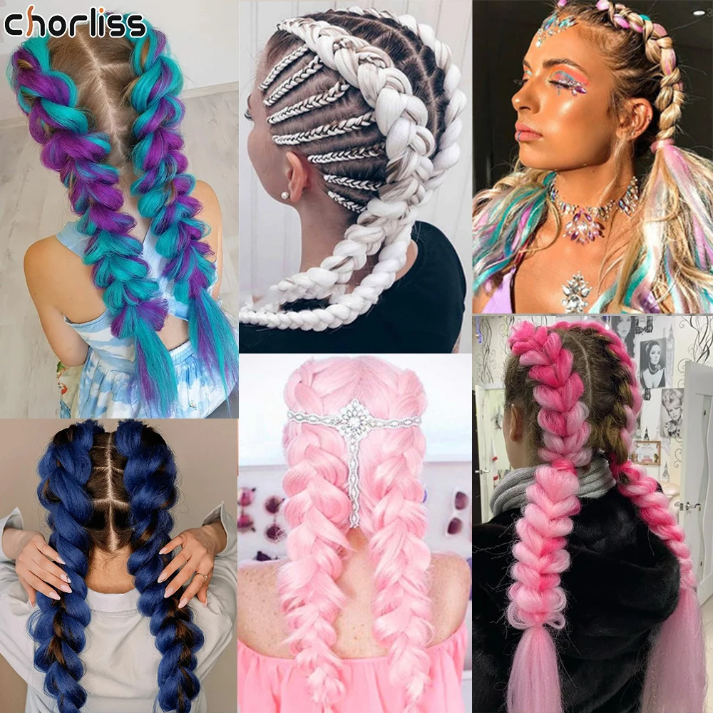 Направи си САМ Синтетични Гигантска опашка за коса 24-инчов удължаване на коса, плетене Омбре Режийни коса за плетене на една кука Кутия за плетене Омбре Розово Лилаво Синьо