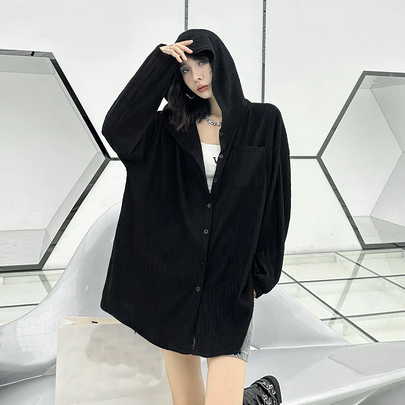 Нова риза свободно намаляване в корейски стил с дълги ръкави, ежедневни връхни дрехи с удобен дъното, Черен пуловер с качулка за жени