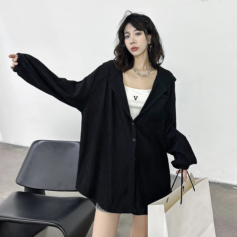 Нова риза свободно намаляване в корейски стил с дълги ръкави, ежедневни връхни дрехи с удобен дъното, Черен пуловер с качулка за жени