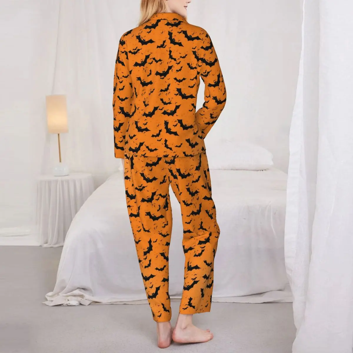 Пижамные комплекти с бухалка за Хелоуин, Есенни Оранжево и черно Модни пижами за почивка, женски, 2 броя, свободни пижама с принтом голям размер, подарък