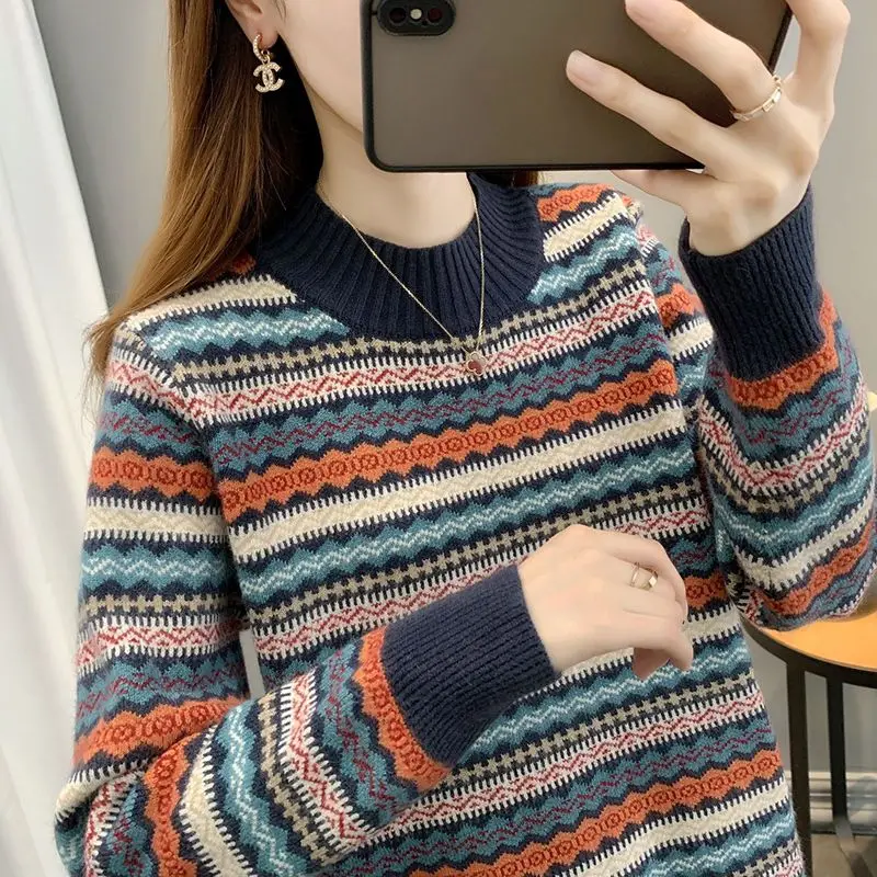 Пуловер Жена с дебела деколте, без Вязаный топ с подплата в ретро стил за Есен/зима топ с дълги ръкави B540