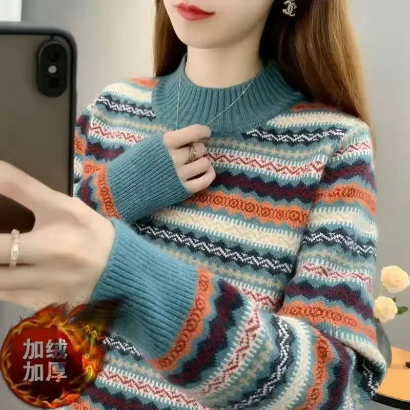 Пуловер Жена с дебела деколте, без Вязаный топ с подплата в ретро стил за Есен/зима топ с дълги ръкави B540