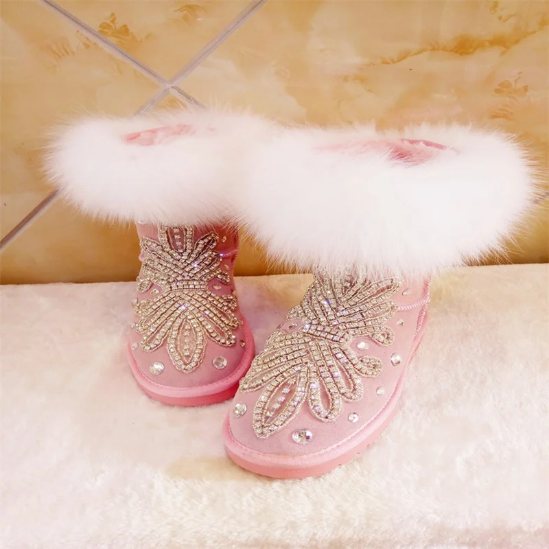 Розови сладки зимни топли обувки от руното, ежедневни цели ботуши на меху ръчна изработка, ръчно зашити на поръчка, женски-големи размери 35-44
