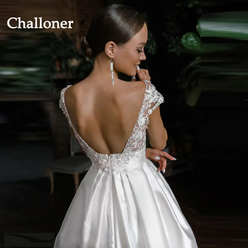 Сватбена рокля с V-образно деколте и кружевными апликации с цепка отстрани, модерни ръкави-шапки, атласное сватбена рокля с дължина до пода, Vestidos De Новия