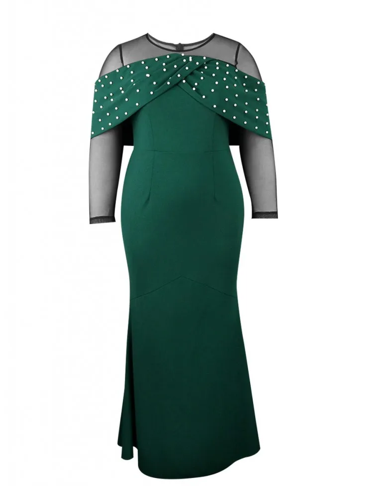 Секси рокля с сетчатыми ръкав и висока талия, дамски официални рокли, зелено дълга елегантна рокля от мъниста, женствена рокля голям размер Maxi Vestidos