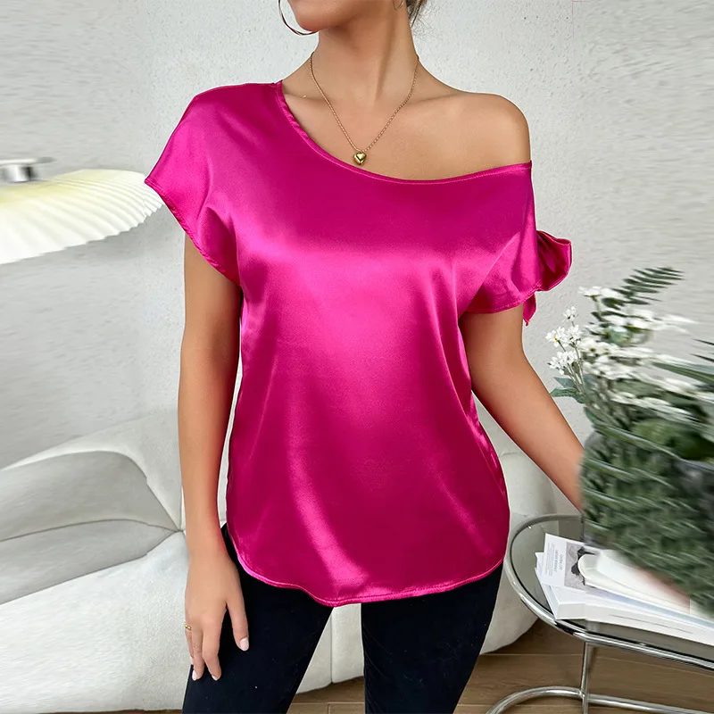 Темпераментна Сатен топ с розово-червен нос С отворени рамене, Свободни от Дамски Ежедневни ризи с къс ръкав, Модерна блуза с неправилна форма Ropa Mujer 2023