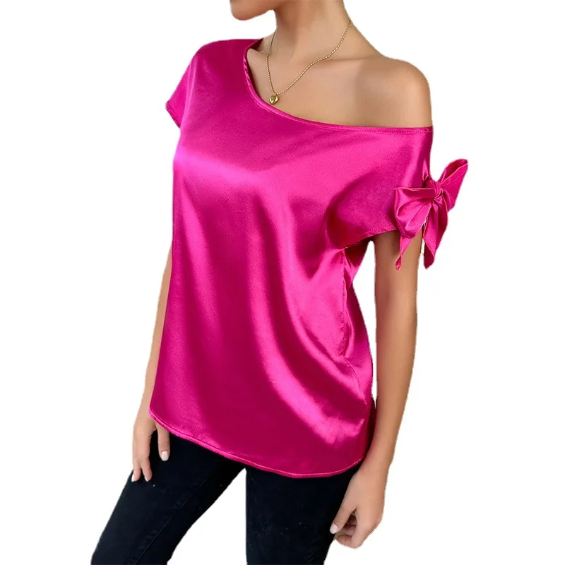 Темпераментна Сатен топ с розово-червен нос С отворени рамене, Свободни от Дамски Ежедневни ризи с къс ръкав, Модерна блуза с неправилна форма Ropa Mujer 2023