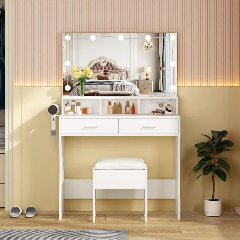Тоалетка за грим Бял цвят, Маса за оформяне с огледало с осветление и съединителя, 3 цвята осветление, с регулируема яркост, 31,5 инча (W)