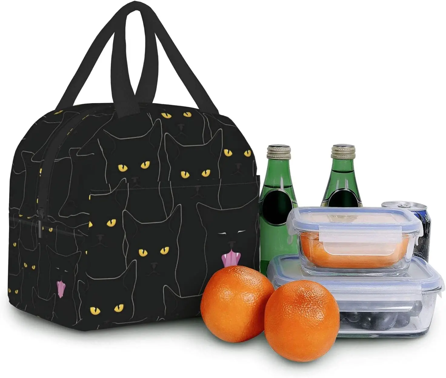 Утепленная чанта за обяд Black Cats за жени и мъже, Множество запечатани чанта-тоут с предните джобове чанта-хладилник за работа, на офиса, на плажа, разходки.