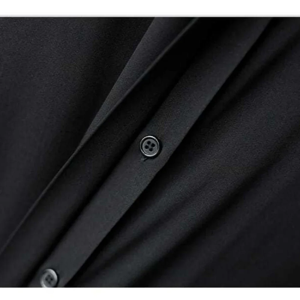 Черна риза с дълъг ръкав, реколта офис дамски блузи с луксозни копчета, обикновена потници, луксозни дизайнерски дрехи, ризи