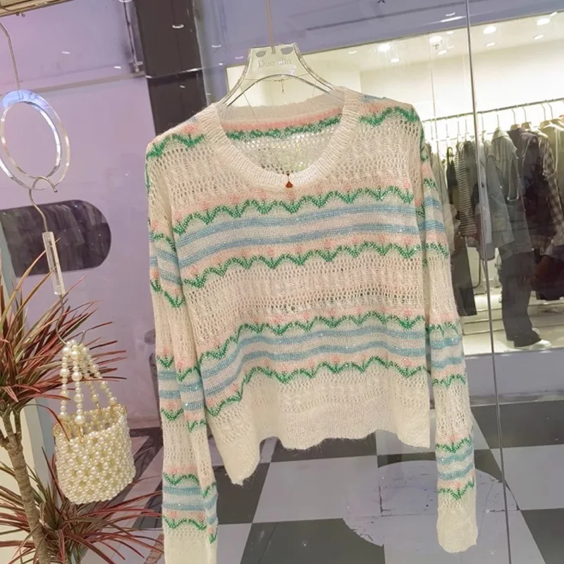 Шарен пуловер в ретро стил с малко цветочком и кристали, дамски супер Мек безплатно монтиране и къс пуловер, пуловер, есенен пуловер Tide