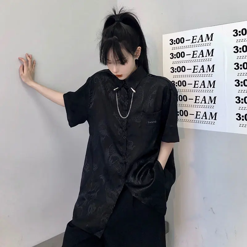 Японската Мода Къс Ръкав Риза с Копчета Верига Блуза за Жени, Дамски Корея Китайски Дрехи Дрехи С Бродерия на Дракона