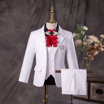 Бял костюм за кръщенета на момчета с цветя, детски Жаккет, жилетка, панталони, 3 бр., тържествена сватбена рокля, детски костюм за фотосесия в Деня на Раждане