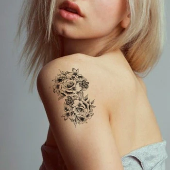 Временни татуировки с флорални на клъстера Секси черни листа от рози Фалшиви татуировки Водоустойчив татуировки на ръцете на корема Малък размер за жени