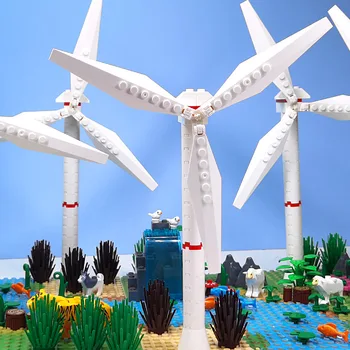Вятърна електроцентрала Сцена MOC градивните елементи на Играчки, Комплекти тухли Детайли дъното на горската река Животни Риби Вятърна мелница Съвместими с LEGO