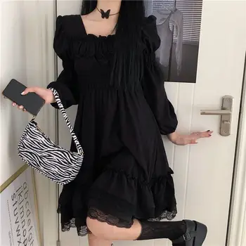 Готическа Черно сшитое рокля Y2K С летни накъдрен Неправилни форми, Дантелено Красива рокля Трапецовидна форма в Корейски стил с пищни ръкави, сексуална, Коварен