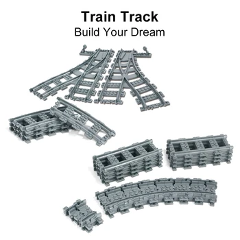 Градивните елементи на MOC Гъвкав влак на железопътен Подходящ за влакове на Железопътни линии Релси Градски комплекти с Разцепено директни Извити играчки за деца Подаръци