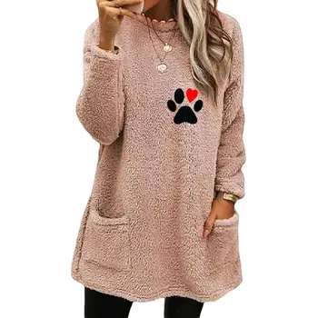 Дамски hoody с модел от картун Щенячий плюшени качулки с джобове за жени, уютни средна дължина на пуловер за есен-зима с кръгло деколте