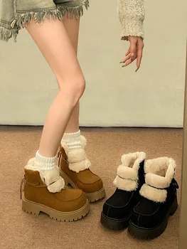 Дамски ботуши, новост 2023 г., дамски обувки на плоска подметка с кръгло бомбе, Австралия, Зимни обувки дантела, женска кожа със снежна подплата от меден камък