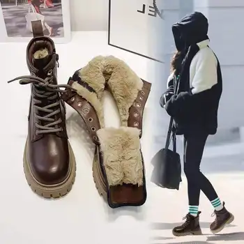 Дамски зимни обувки Rock Обувки, Дамски Луксозни дизайнерски обувки на плоския обувки, Дамски обувки джоб с кръгло бомбе, 2023 г., Кожа, модни гума до средата на прасците