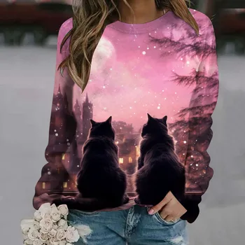 Дамски модни есенни и зимни флисовые свитшоты с принтом котка в 