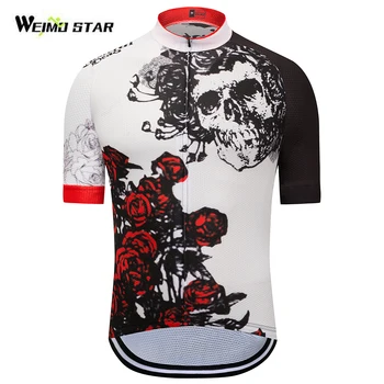 Дамски Мъжка велосипедна фланелка с черепа и роза с къс ръкав, дрехи за планински велосипеди, велосипедна риза Ropa Ciclismo Pro Team, Черен, бял