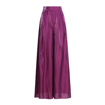 Дамски панталон в стил ретро лилаво тънки сатенени свободни панталони с висока засаждане