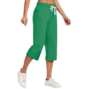 Дамски панталони, свободни удобни зреещи с еластична талия, реколта обикновена ежедневни панталони с джобове, широки панталони, скъсяване на панталон