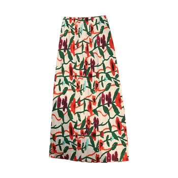Дамски реколта плиссированная пола с флорални принтом, лятна нов, луксозен моден в контрастен цвят, женски прави поли трапецовидна форма, с висока талия