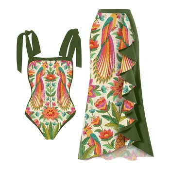 Дамски реколта цветни блокове с абстрактни флорални принтом, цельнокроеные бански костюми + 1 Хавайски плаж в бански костюм за жени, Бикини-прашки