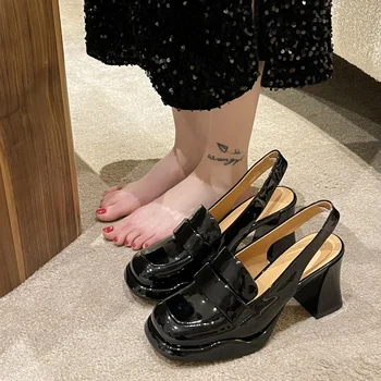 Дамски сандали и чехли на висок ток, Mary Jane, летни новости 2023 г., лоферы на дебелите обувки с токчета в британски стил с малките си пръсти.