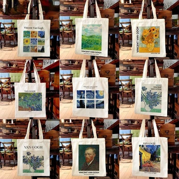 Дамски холщовая чанта с картина на Ван Гог, чанта-тоут голям капацитет, естетически чанти за пазаруване, памучни чанти, чанта за книги за момичета