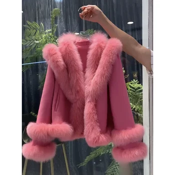 Дамско зимно вълна палто в стил мозайка от изкуствена лисьего кожа 2023, ново розово модно палто, безплатна доставка