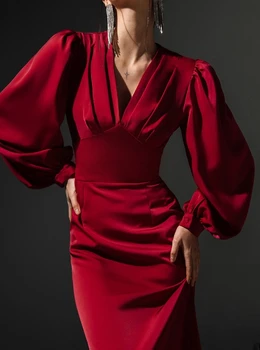 Дамско модно атласное рокля с ръкави-фенерчета, приталенное червена рокля, темперамент, за пътуване до работа, нови дамски елегантни вечерни рокли-русалка с висока талия