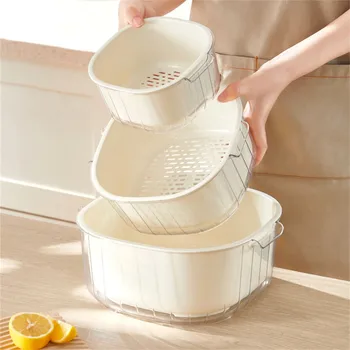 Двойна сливная кошница Кухненска мивка на Пластмасова сливная купата за плодове и зеленчуци и Леген за миене на Съдове и Кошници за съхранение на Ситечек Гевгир за почистване
