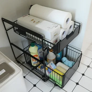 Двустепенна рафтове за съхранение под мивката, Разтегателен кабинет, кошница с колела, Подвижни количка на колела за кухни