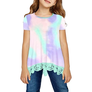 Детска тениска с принтом тениска за момичета с кръгло деколте и къс ръкав, детска тениска с принтом, детски дрехи