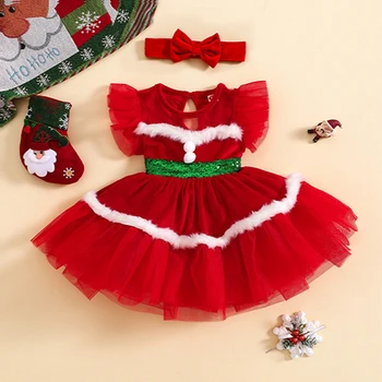 Детско парти за момичета, Коледна дрехи, пайети, плюшевое мозайка принцеса рокля от пластове тюл с ръкави-като, празнична рокля с превръзка на главата